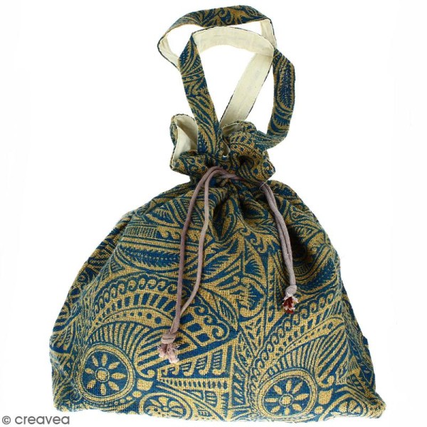 Grand sac seau en jute naturelle - Polynésien - Bleu - 43 x 45 cm - Photo n°1
