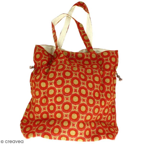 Grand sac seau en jute naturelle - Cercles et carrés - Rouge clair - 43 x 45 cm - Photo n°4