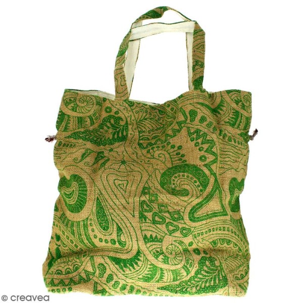 Grand sac seau en jute naturelle - Polynésien - Vert clair - 43 x 45 cm - Photo n°4