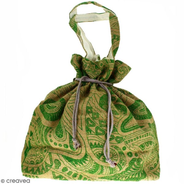 Grand sac seau en jute naturelle - Polynésien - Vert clair - 43 x 45 cm - Photo n°1