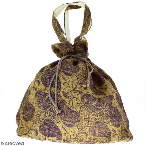Grand sac seau en jute naturelle - Feuilles - Violet - 43 x 45 cm - Photo n°1