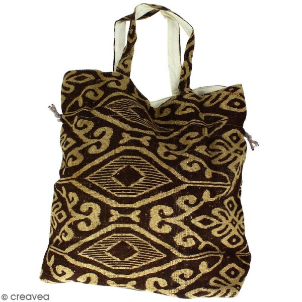 Grand sac seau en jute naturelle - Polynésien (grands motifs) - Marron - 43 x 45 cm - Photo n°3