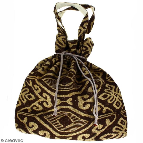 Grand sac seau en jute naturelle - Polynésien (grands motifs) - Marron - 43 x 45 cm - Photo n°1