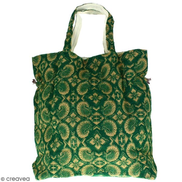 Grand sac seau en jute naturelle - Paisley - Vert sapin - 43 x 45 cm - Photo n°3