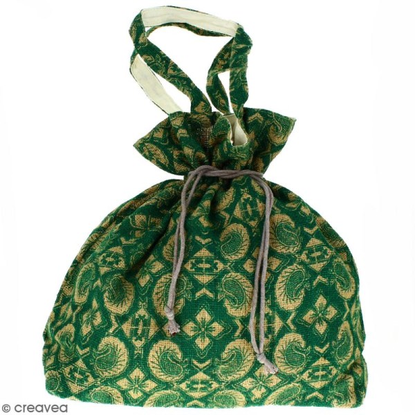 Grand sac seau en jute naturelle - Paisley - Vert sapin - 43 x 45 cm - Photo n°1