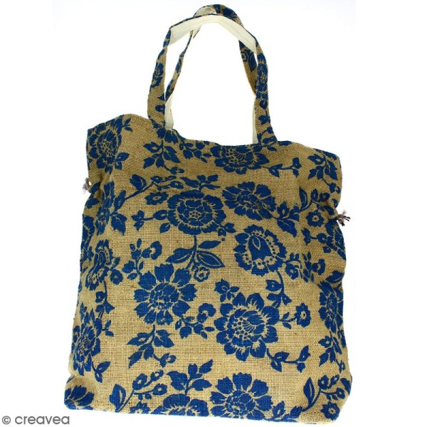 Grand sac seau en jute naturelle - Fleurs - Bleu - 43 x 45 cm - Photo n°3