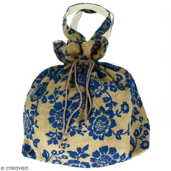 Grand sac seau en jute naturelle - Fleurs - Bleu - 43 x 45 cm - Photo n°1