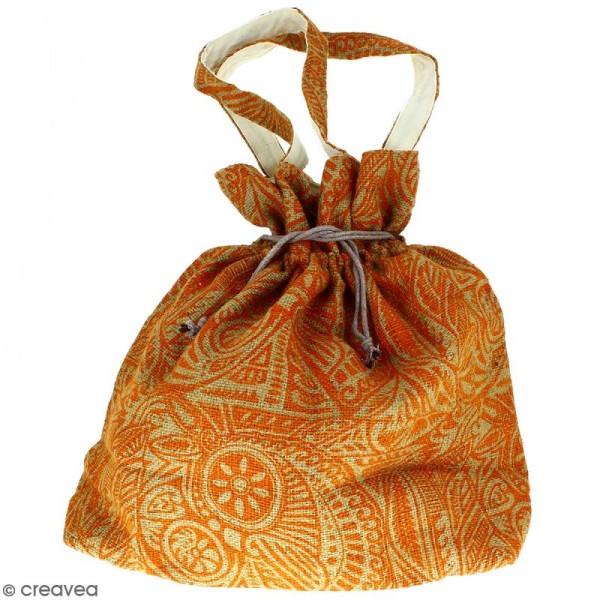 Grand sac seau en jute naturelle - Polynésien - Orange - 43 x 45 cm - Photo n°1