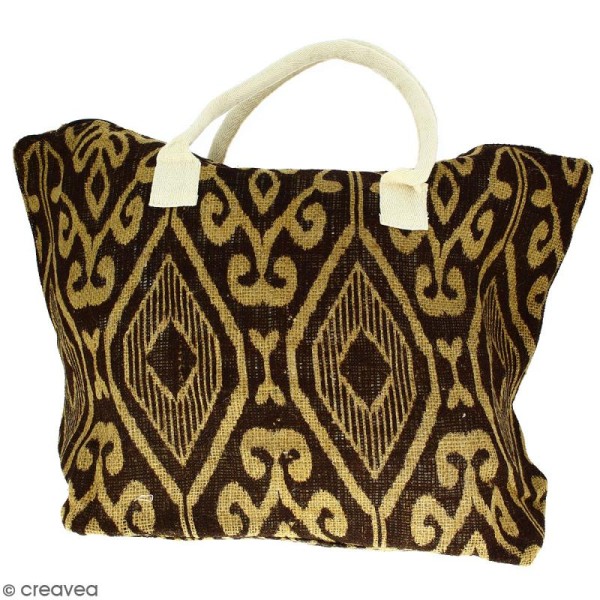Sac shopping en jute naturelle - Polynésien (grands motifs) - Marron - 50 x 38 cm - Photo n°1