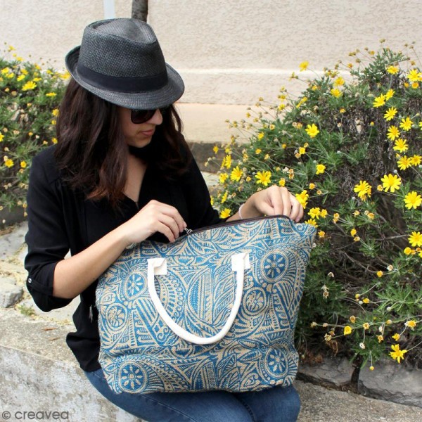 Sac shopping en jute naturelle - Arabesques Végétales - Bleu - 50 x 38 cm - Photo n°5