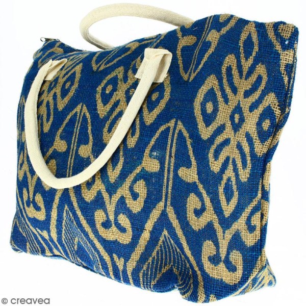 Sac shopping en jute naturelle - Polynésien (grands motifs) - Bleu - 50 x 38 cm - Photo n°3