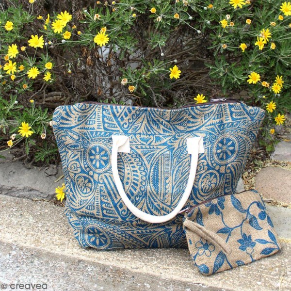 Sac shopping en jute naturelle - Polynésien (grands motifs) - Bleu - 50 x 38 cm - Photo n°6