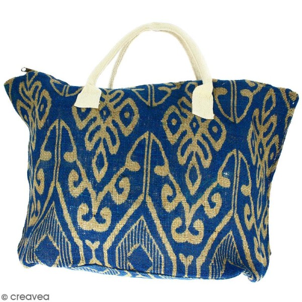 Sac shopping en jute naturelle - Polynésien (grands motifs) - Bleu - 50 x 38 cm - Photo n°1