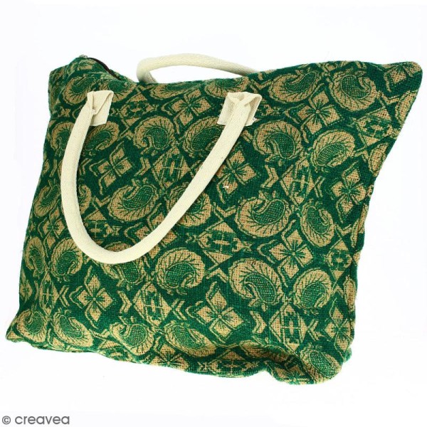 Sac shopping en jute naturelle - Paisley - Vert sapin - 50 x 38 cm - Photo n°3