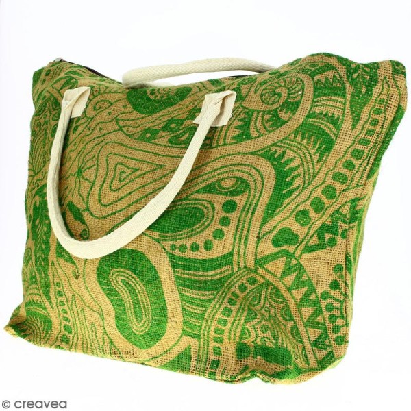 Sac shopping en jute naturelle - Polynésien - Vert clair - 50 x 38 cm - Photo n°3