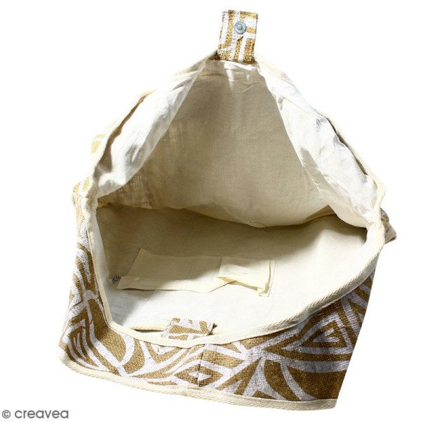 Maxi sac cabas en jute naturelle - Tribal ethnique - Blanc - 62 x 45 cm - Photo n°3