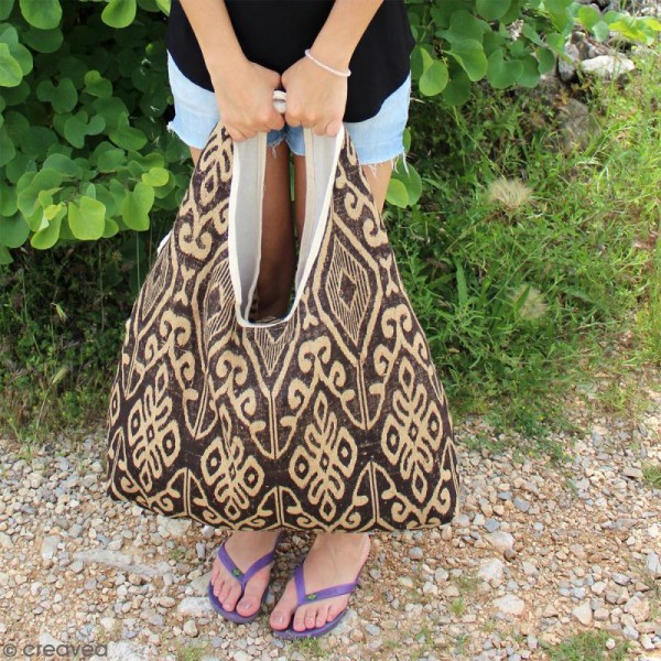 Maxi sac cabas en jute naturelle - Polynésien (grands motifs)- Marron - 62 x 45 cm - Photo n°2