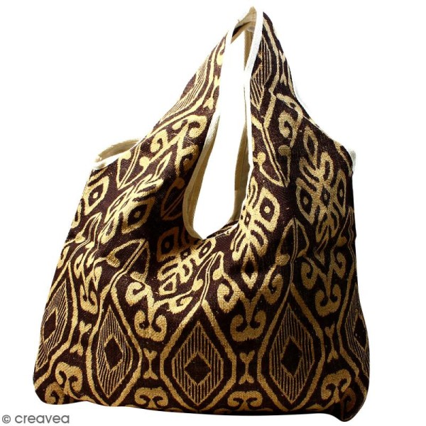 Maxi sac cabas en jute naturelle - Polynésien (grands motifs)- Marron - 62 x 45 cm - Photo n°1