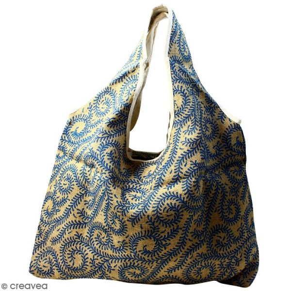 Maxi sac cabas en jute naturelle - Arabesques Végétales - Bleu - 62 x 45 cm - Photo n°1