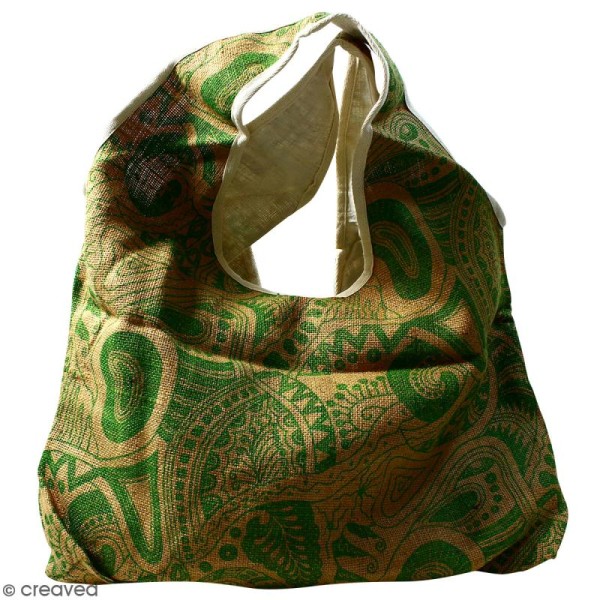 Maxi sac cabas en jute naturelle - Polynésien - Vert clair - 62 x 45 cm - Photo n°1