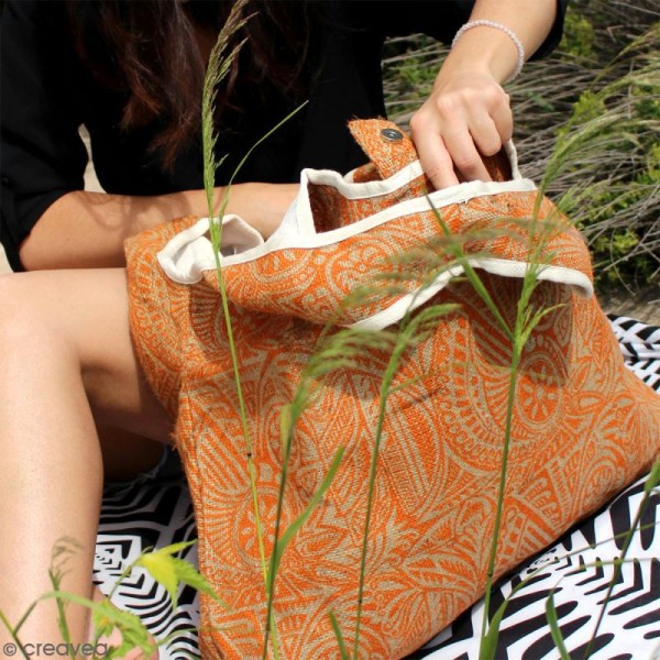 Maxi sac cabas en jute naturelle - Polynésien - Orange - 62 x 45 cm - Photo n°4