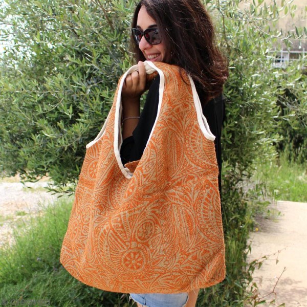 Maxi sac cabas en jute naturelle - Polynésien - Orange - 62 x 45 cm - Photo n°5
