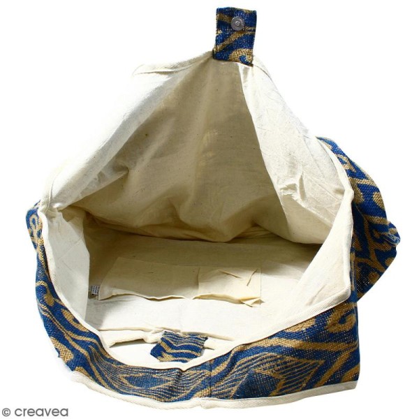 Maxi sac cabas en jute naturelle - Polynésien (grands motifs)- Bleu - 62 x 45 cm - Photo n°2