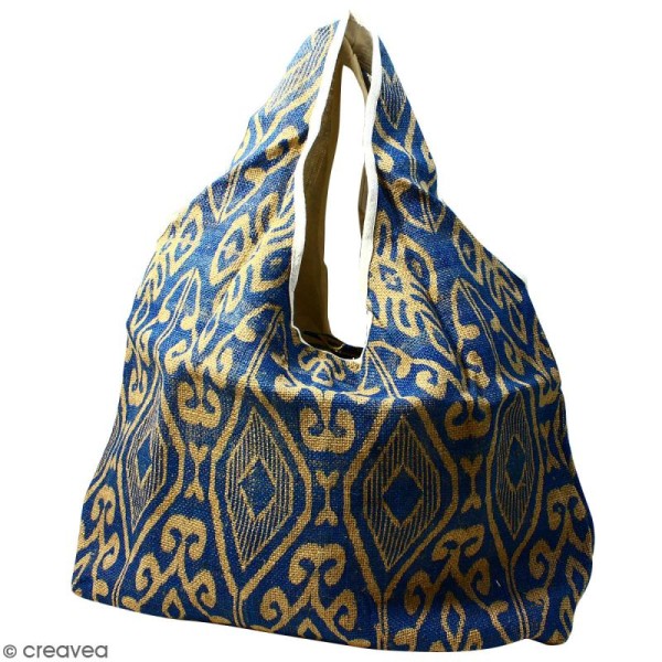 Maxi sac cabas en jute naturelle - Polynésien (grands motifs)- Bleu - 62 x 45 cm - Photo n°1