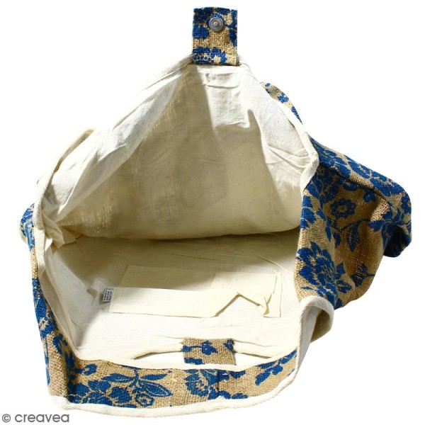 Maxi sac cabas en jute naturelle - Fleurs - Bleu - 62 x 45 cm - Photo n°2