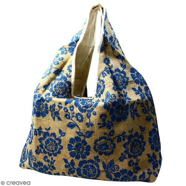 Maxi sac cabas en jute naturelle - Fleurs - Bleu - 62 x 45 cm - Photo n°1