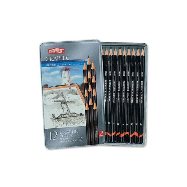 Derwent Graphic Crayons graphite Mine moyenne 6B à 4H Boîte métal de 12 Import Royaume Uni - Photo n°1