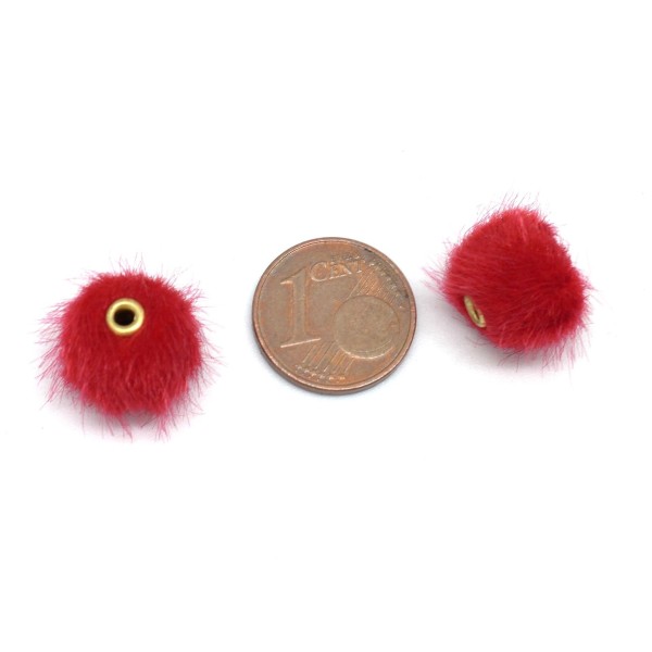 2 Perles Pompon Ronde 10mm Rouge Imitation Fourrure - Photo n°2