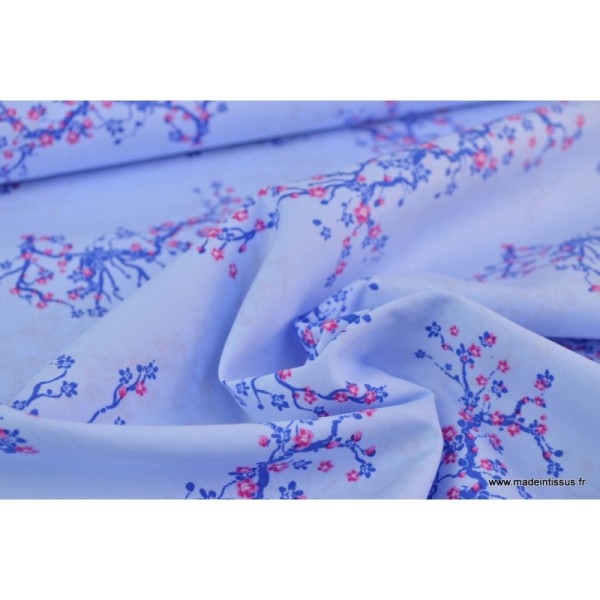 Tissu Popeline coton cerisiers japonais fond Bleu ciel - Photo n°4