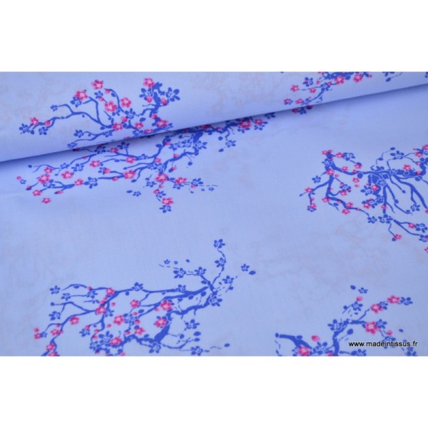 Tissu Popeline coton cerisiers japonais fond Bleu ciel - Photo n°1