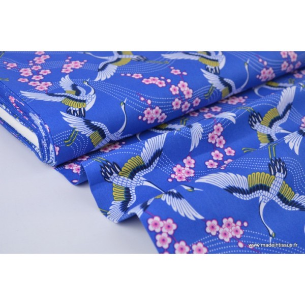 Tissu Popeline coton Grue japonaise bleu - Photo n°2