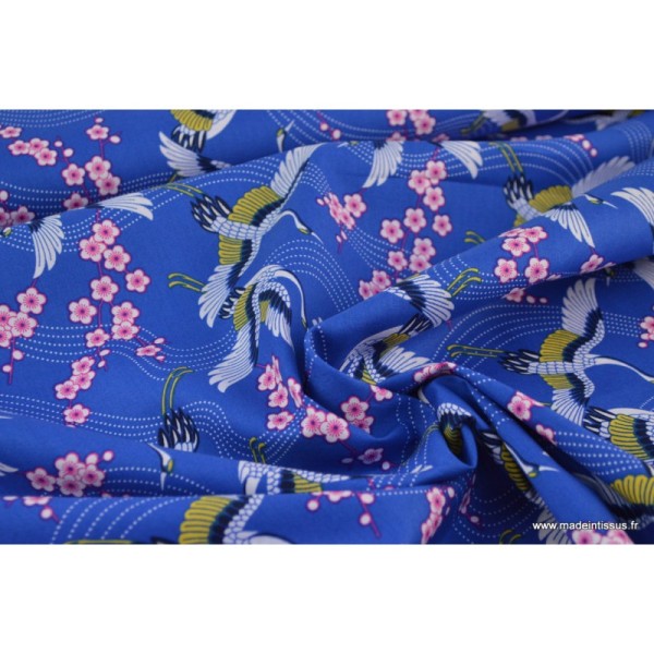 Tissu Popeline coton Grue japonaise bleu - Photo n°4