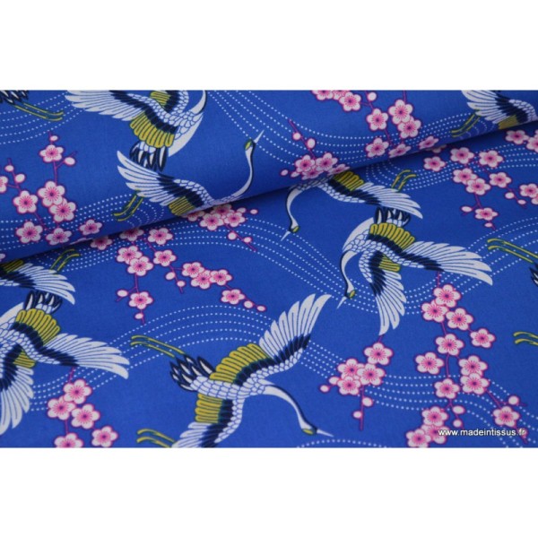 Tissu Popeline coton Grue japonaise bleu - Photo n°1