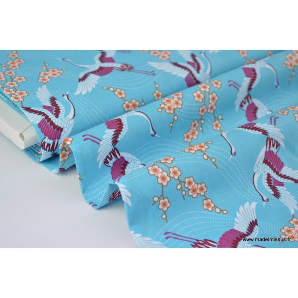 Tissu coton imprimé Grue turquoise - Photo n°2