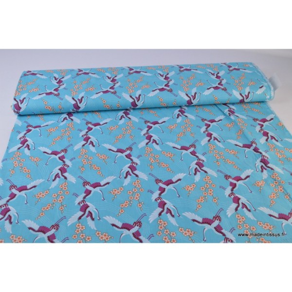 Tissu coton imprimé Grue turquoise - Photo n°3