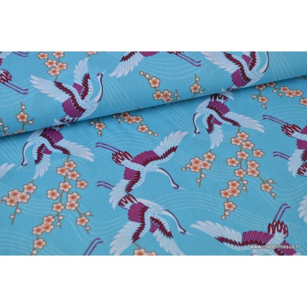 Tissu coton imprimé Grue turquoise - Photo n°1