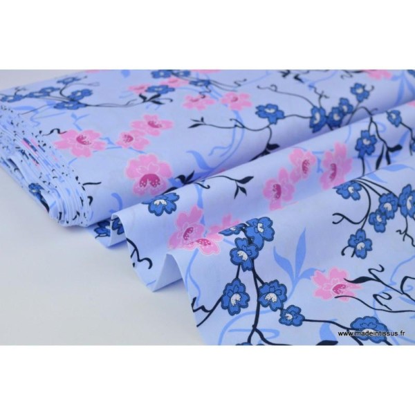 Tissu Popeline coton fleurs japonaise Bleu ciel - Photo n°2