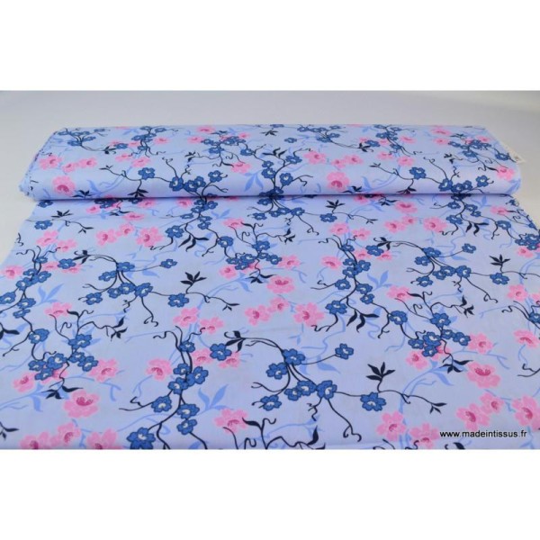 Tissu Popeline coton fleurs japonaise Bleu ciel - Photo n°3