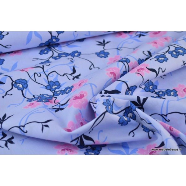 Tissu Popeline coton fleurs japonaise Bleu ciel - Photo n°4