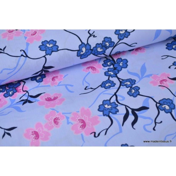 Tissu Popeline coton fleurs japonaise Bleu ciel - Photo n°1
