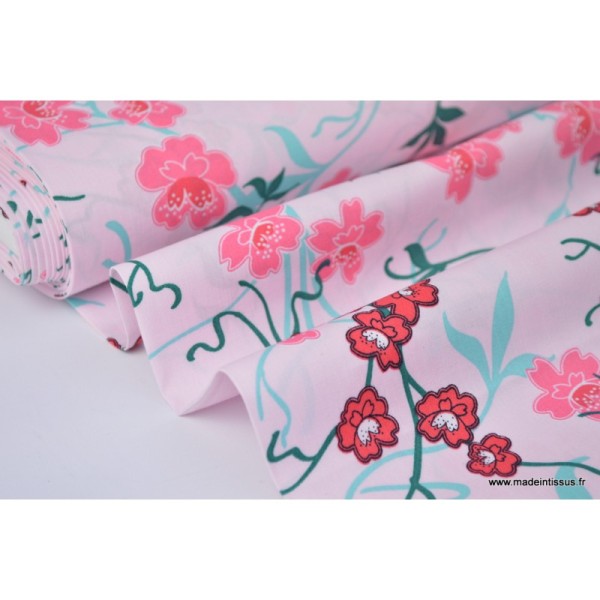1 COUPON DE Tissu 80 X 150 CM dePopeline coton fleurs japonaise rose - Photo n°2