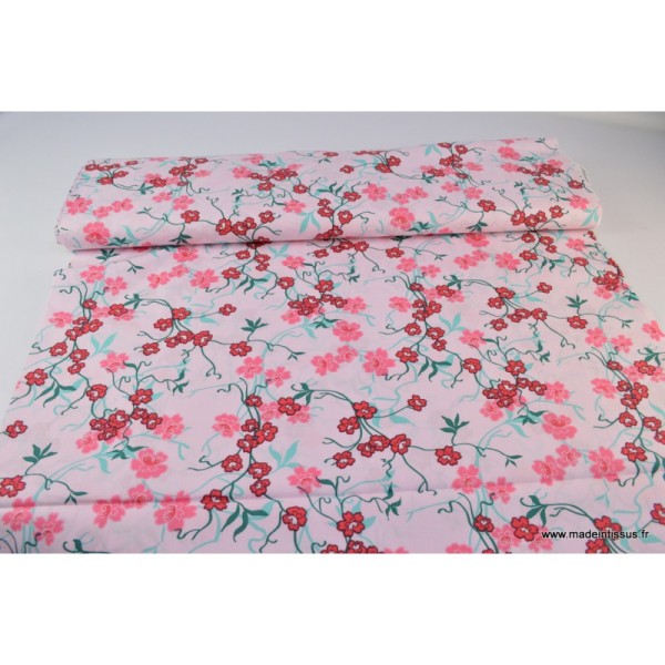 1 COUPON DE Tissu 80 X 150 CM dePopeline coton fleurs japonaise rose - Photo n°3