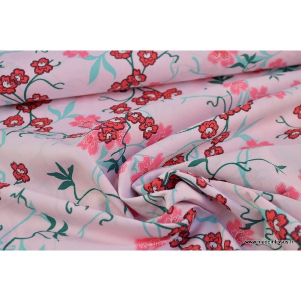 1 COUPON DE Tissu 80 X 150 CM dePopeline coton fleurs japonaise rose - Photo n°4