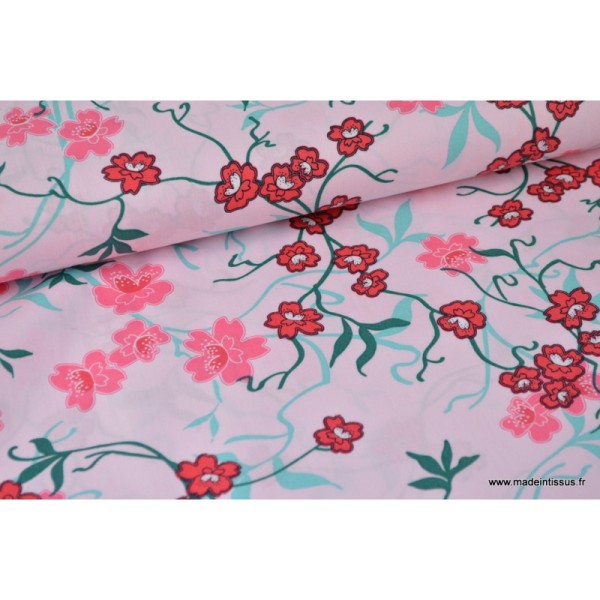 1 COUPON DE Tissu 80 X 150 CM dePopeline coton fleurs japonaise rose - Photo n°1