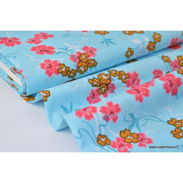 Tissu Popeline coton fleurs japonaise turquoise - Photo n°2