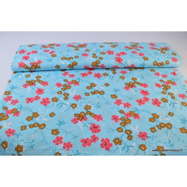 Tissu Popeline coton fleurs japonaise turquoise - Photo n°3